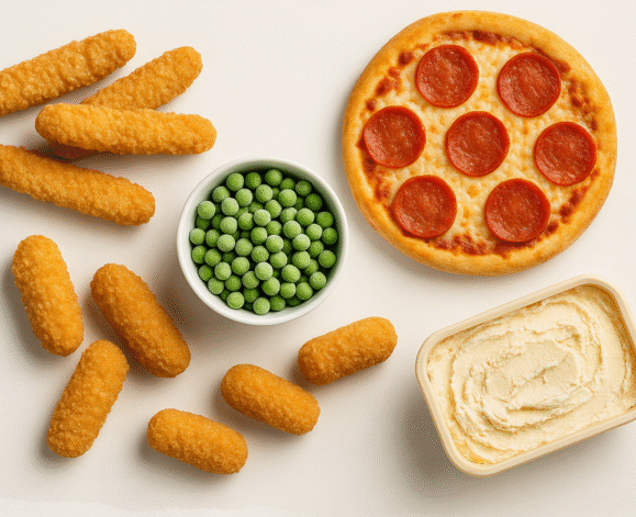 Frozen Food Assortment on White Table Frozen Food Assortment on White Table